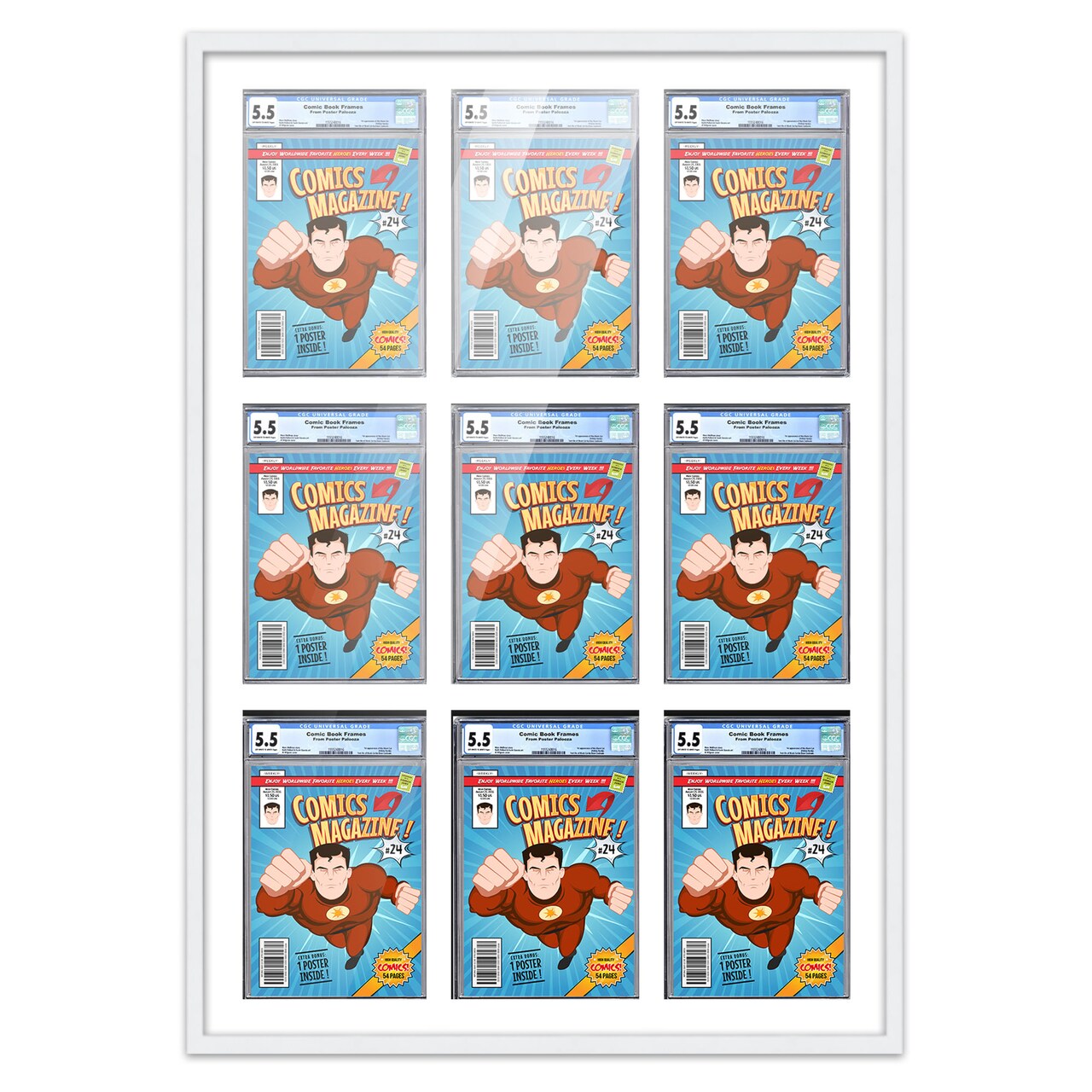 Comic Book Display Frame for Graded Comics - White Wood Comic Frame With White Mat for 8.125x13 Comics, 18 Frame Sizes